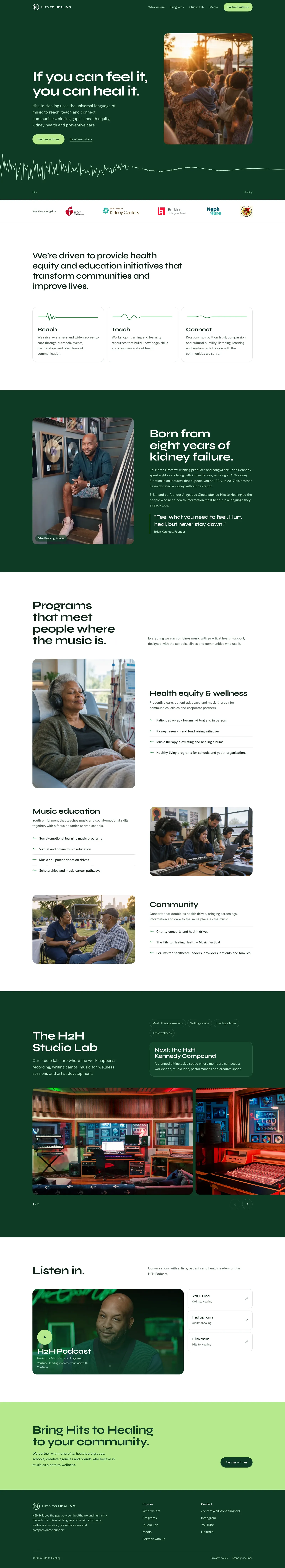 The Hits to Healing homepage, top to bottom