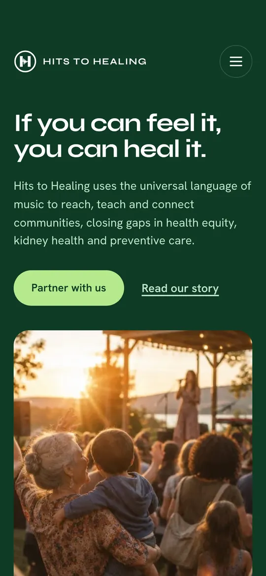The Hits to Healing homepage on a phone