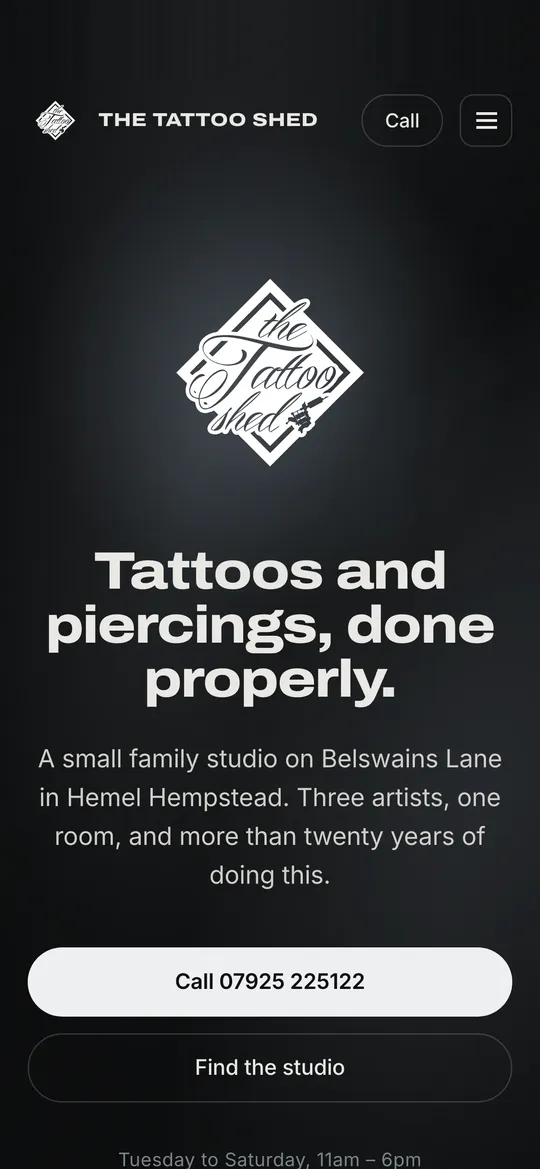 The The Tattoo Shed homepage on a phone