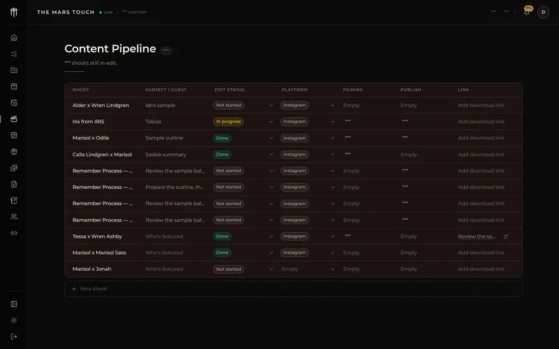The Mars Touch content pipeline, demo data