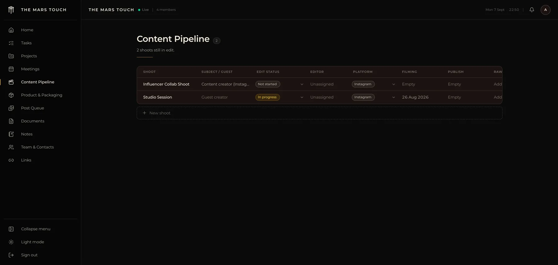 The content pipeline view inside The Mars Touch dashboard