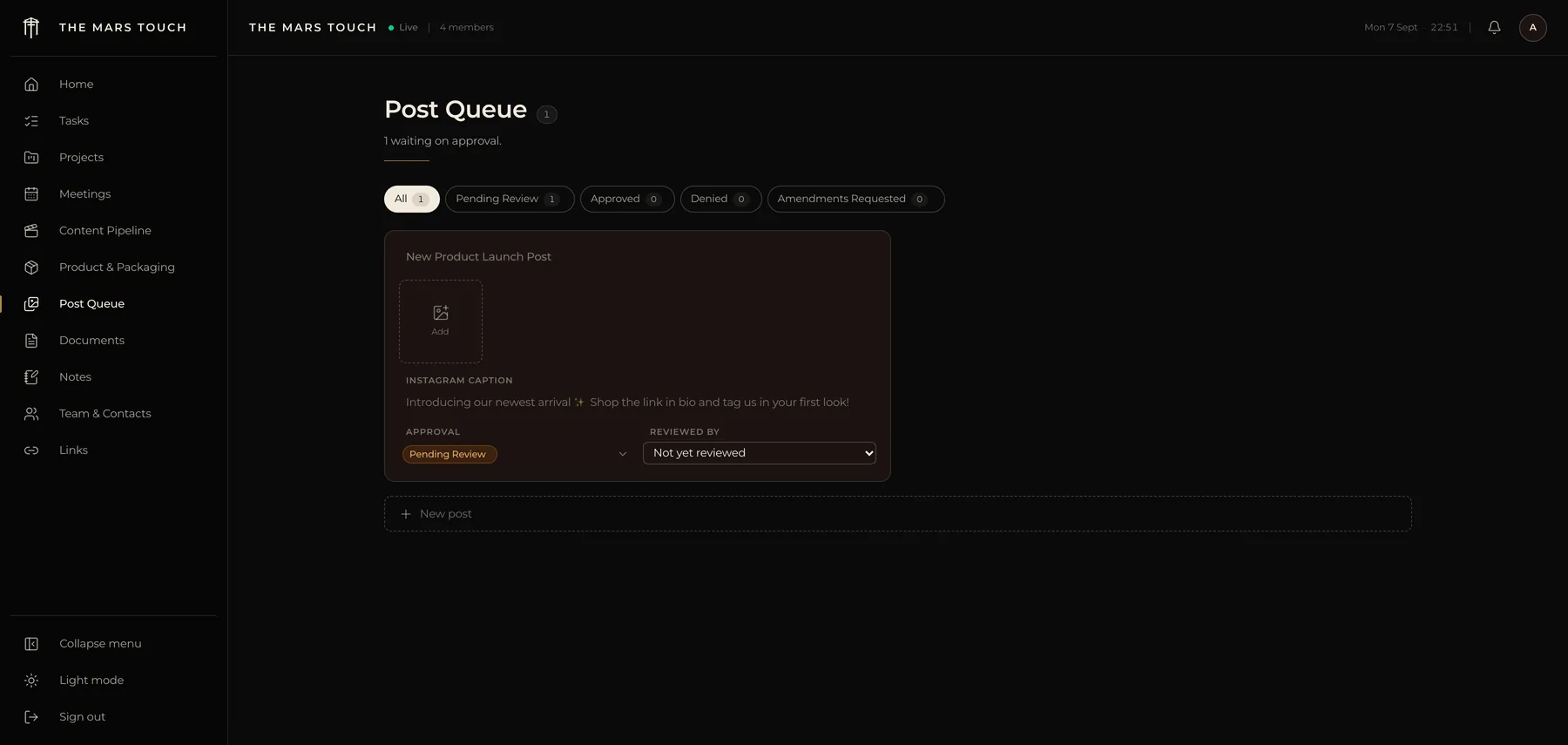 The post approval queue inside The Mars Touch dashboard
